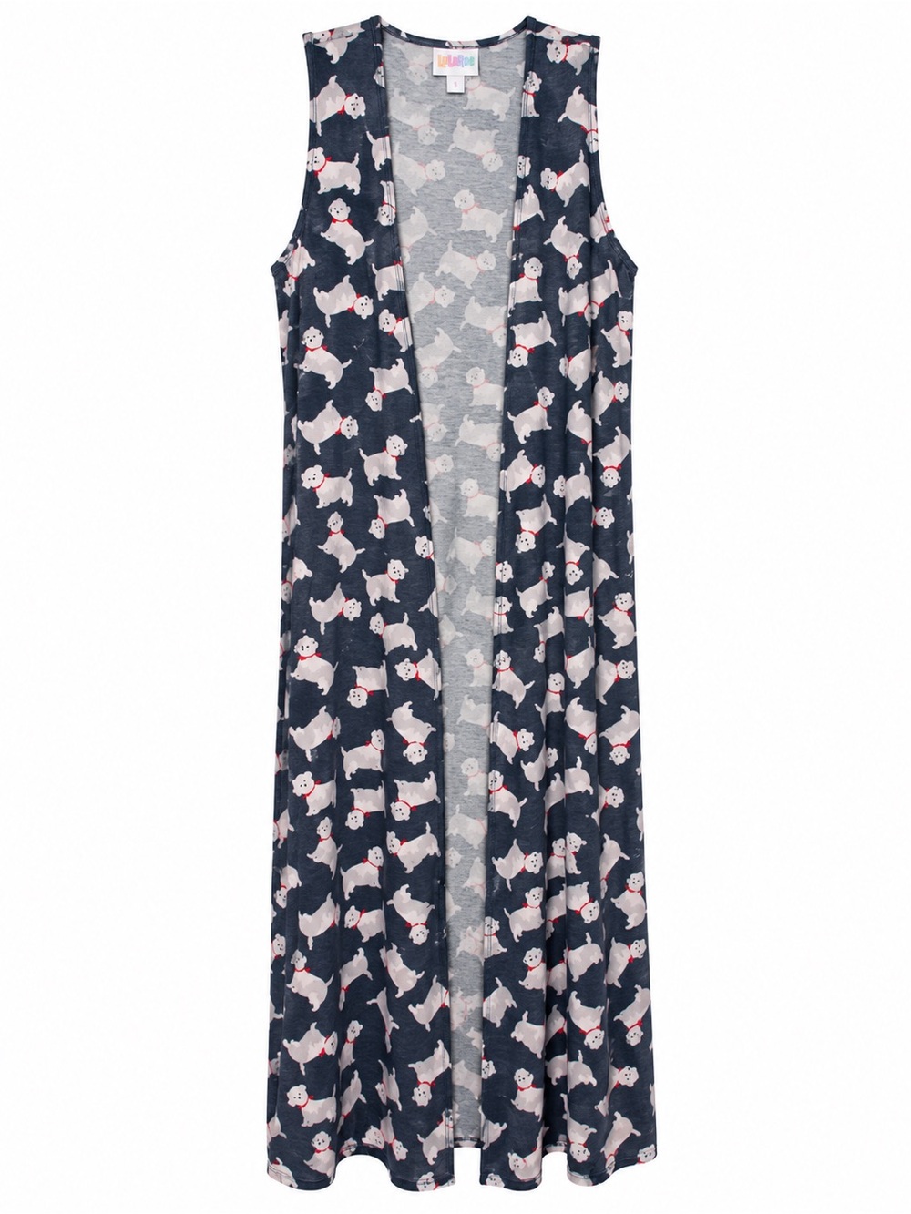 LuLaRoe Joy Puppy Dog Print Long Sleeveless Duster Vest Blue Gray Small
